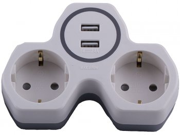 40058 Разветвитель сетевой 2-местный с/з STEKKER ADP16-14-20, 250V, 16A и 2-мя USB выходами на 2, 4А,