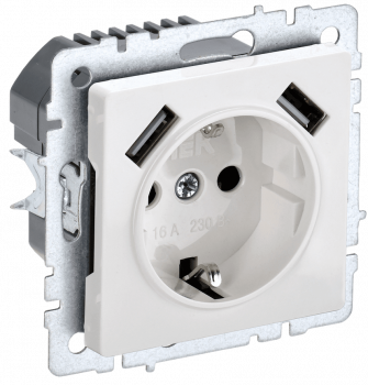 41311 BRITE Розетка 1-местная с з/к с защитными шторками 16А с USB A+A 5В 2, 1А РЮш10-1-БрБ белый IEK