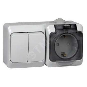 39573 Блок ОП Этюд (1-м розетка 16А 250В евростандарт с заземл. защ. шторки + 2-кл. выкл.) IP44 сер.