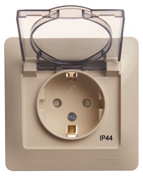 39743 Розетка 1-м СП Glossa 16А IP44 с заземл. защ. шторки с крышкой в сборе бежевый SE