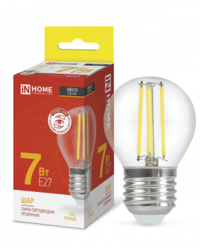 39925 Лампа Светодиодная LED-ШАР-Deco 7Вт 230В Е27 3000К 810Лм Прозрачная IN HOME