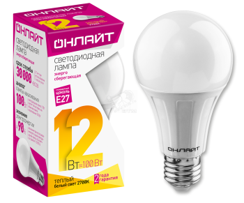 36345 Лампа светодиодная LED 12вт E27 теплый ОНЛАЙТ (71682 ОLL-A60)