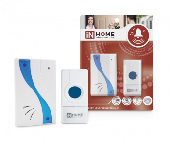 37111 Звонок беспроводной ЗБ-8 32 мелодии 120м с кнопкой IP44 бело-голубой IN HOME