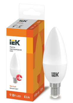 37453 Лампа светодиодная C35 свеча 9Вт 230В 3000К E14 IEK