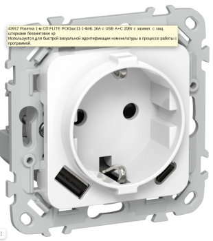 43917 Розетка 1-м СП FLITE РСЮшс11-1-ФлБ 16А с USB A+C 20Вт с заземл. с защ. шторками безвинтовое кр