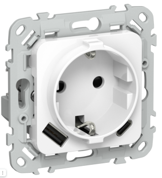 43920 Розетка 1-м СП FLITE РСЮшс11-0-ФлБ 16А с USB A+C 20Вт с заземл. с защ. шторками механизм бел.