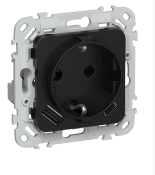 44015 Розетка 1-м СП FLITE РСЮшс11-1-ФлЧ 16А с USB A+C 20Вт с заземл. с защ. шторками безвинтовое кр